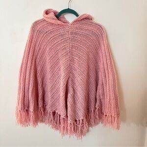 Pink Hooded Fringe Knit Poncho Sweater